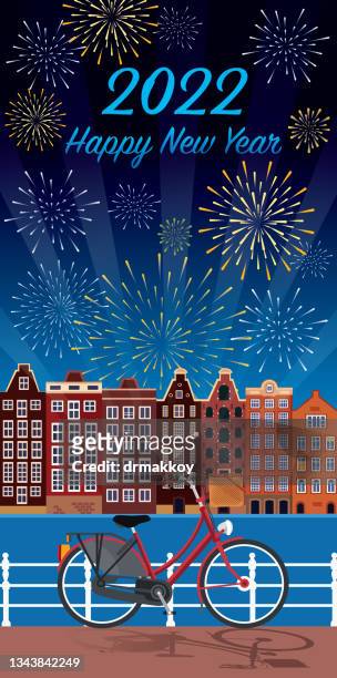 stockillustraties, clipart, cartoons en iconen met happy new year amsterdam - amsterdam fietsen