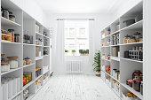 Storage Room With Organised Pantry Items, Non-perishable Food Staples, Preserved Foods, Healty Eatings, Fruits And Vegetables.