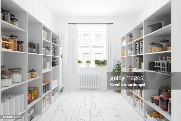 storage room with organised pantry items, non-perishable food staples, preserved foods, healty eatings, fruits and vegetables. - organisation stock pictures, royalty-free photos & images