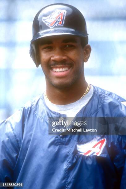 Garret Anderson of the Anaheim Angels looks on during batting practice of a baseball game against the New York Yankees on July 23, 1997 at Yankee...