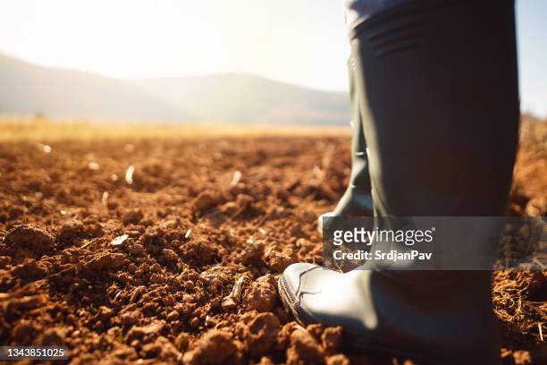 an unrecognizable farmer working in the field. close-up shot on a farmer's boots. - bottines stock pictures, royalty-free photos & images