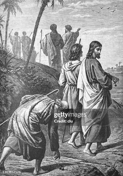 jesus: legend of the horseshoe - ascension of christ stock illustrations