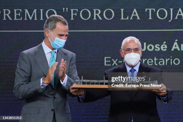 King Felipe VI presents the Vinculo Atlantico award to former OECD Secretary General and former Minister in his country, Angel Gurria, at the opening...