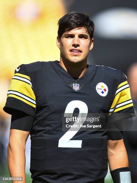 Mason Rudolph of the Pittsburgh Steelers warms up prior to the game against the Cincinnati Bengals at Heinz Field on September 26, 2021 in...