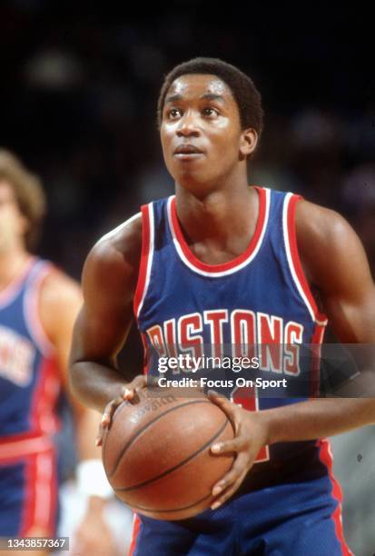 Isiah Thomas of the Detroit Pistons shoots a foul shot against the Washington Bullets during an NBA basketball game circa 1981 at The Capital Centre...