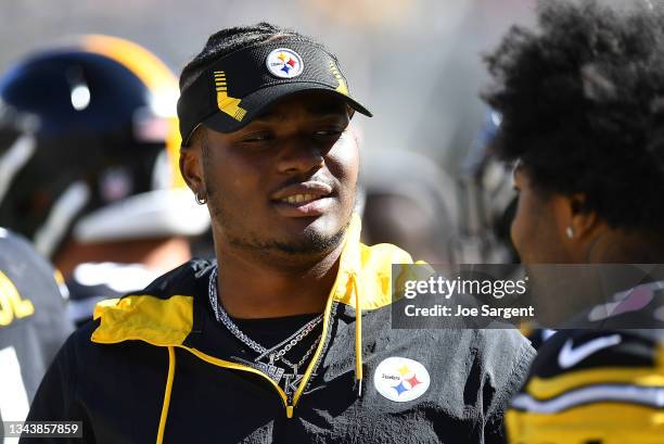 Dwayne Haskins of the Pittsburgh Steelers looks on during the game against the Cincinnati Bengals at Heinz Field on September 26, 2021 in Pittsburgh,...