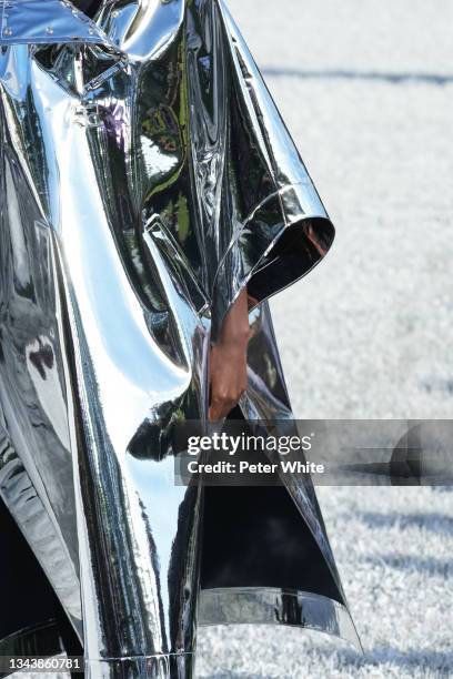 Model, fashion detail, walks the runway during the Courreges Womenswear Spring/Summer 2022 show as part of Paris Fashion Week on September 29, 2021...