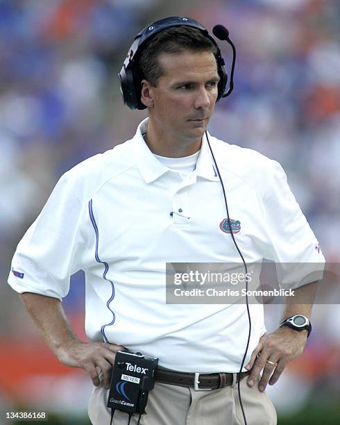 Florida head coach Urban Meyer paces on the sidelines during the game against Louisiana Tech September 10, 2005 at Ben Hill Griffin Stadium in...