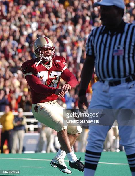 Kicker Sandro Sciortino celebrates after kicking the game-winning goal during Boston College's 27-25 victory over Notre Dame at Alumni Stadium in...