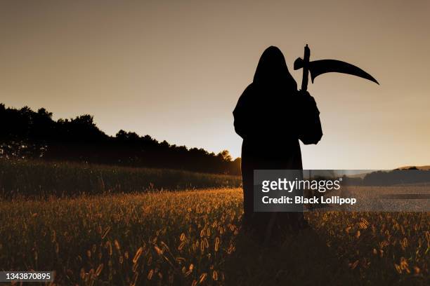 silhuette of grim reaper in the sunset. - esqueleto humano imagens e fotografias de stock