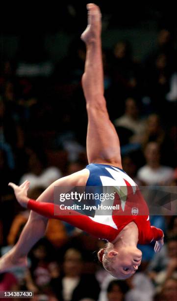 Courtney McCool spots the beam during her balance beam routine the USA Gymnastics Olympic trials at Arrowhead Pond in Anahiem, California on June 25,...