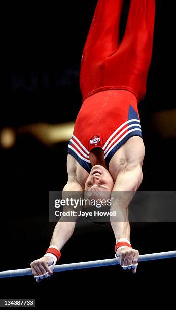 Paul Hamm on the High Bar at the 2004 USA Gymnastics Olympic trials on June 25, 2004 at Arrowhead Pond in Anaheim, California. Hamm was placed on the...