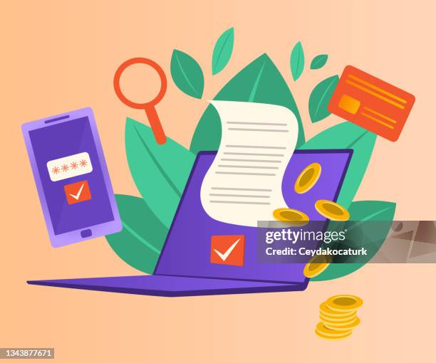 secure payment and environmentally friendly e-archive invoice with mobile phone confirmation code - bank balance stock illustrations