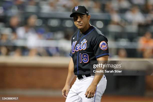 Manager Luis Rojas of the New York Mets looks on during the eighth inning against the Philadelphia Phillies at Citi Field on September 17, 2021 in...