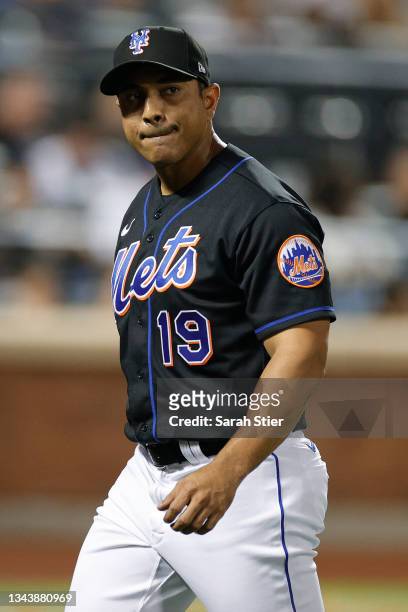 Manager Luis Rojas of the New York Mets looks on during the eighth inning against the Philadelphia Phillies at Citi Field on September 17, 2021 in...