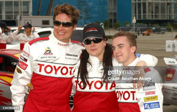 Andrew Firestone, Liza Snyder and Frankie Muniz during 2004 Toyota Long Beach Grand Prix Pro/Celebrity Race - Press Day at L.B. Grand Prix Pit Lane...