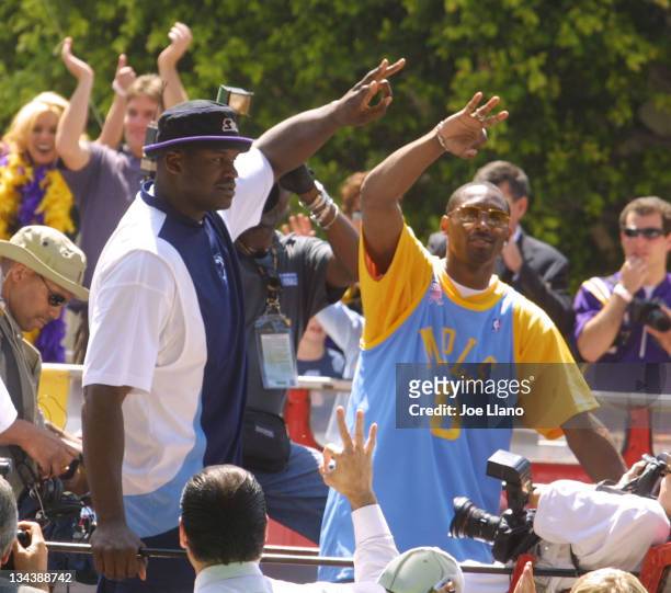 Shaquille O'Neal and Kobe Bryant during Los Angeles Lakers Championship Parade and Celebration at Staples Center in Los Angeles, California, United...