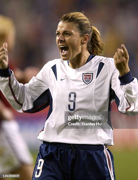 Mia Hamm rejoices after USA's 1-0 victory over Norway in the quarterfinals of the FIFA Women's World Cup at Gillette Stadium in Foxboro, MA.
