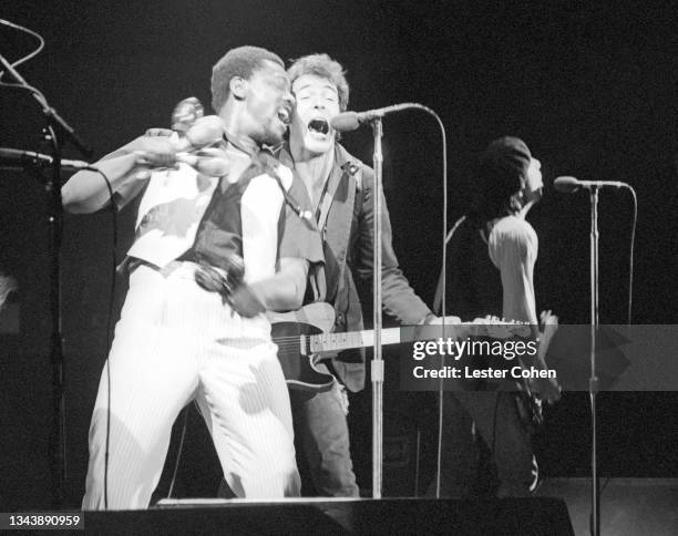 American singer, songwriter, and musician Bruce Springsteen and American musician and actor Clarence Clemons , of the Bruce Springsteen & the E...