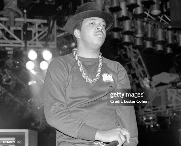 American rapper, producer, DJ and TV personality Joseph Simmons, aka Run, of the American hip hop group RUN-DMC, performs on stage during a concert...