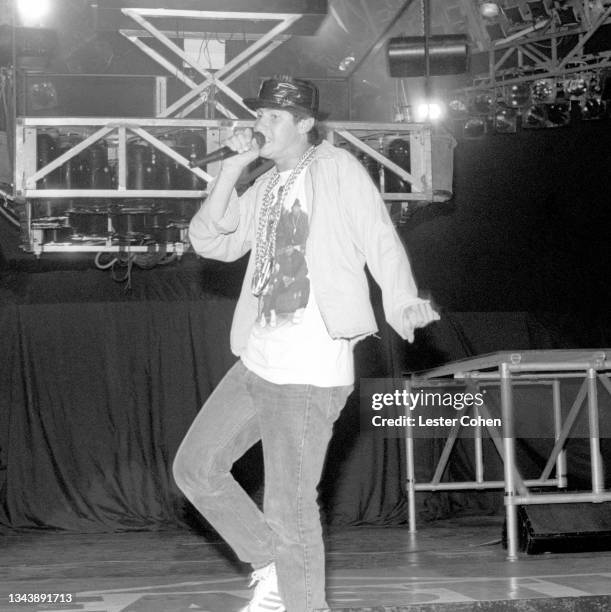 American rapper Michael Diamond, aka Mike D, of the American hip hop group The Beastie Boys, sings on stage during a concert circa June, 1987 at the...