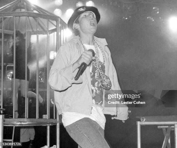 American rapper Michael Diamond, aka Mike D, of the American hip hop group The Beastie Boys, sings on stage during a concert circa June, 1987 at the...