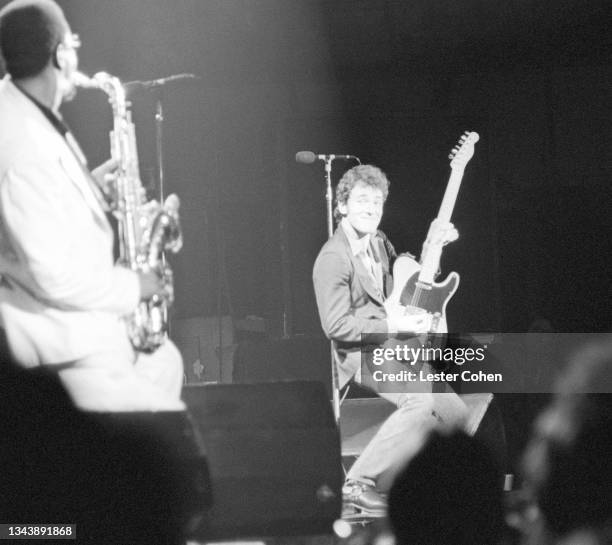 American singer, songwriter, and musician Bruce Springsteen and American musician and actor Clarence Clemons , of the Bruce Springsteen & the E...