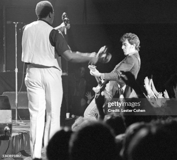 American singer, songwriter, and musician Bruce Springsteen and American musician and actor Clarence Clemons , of the Bruce Springsteen & the E...