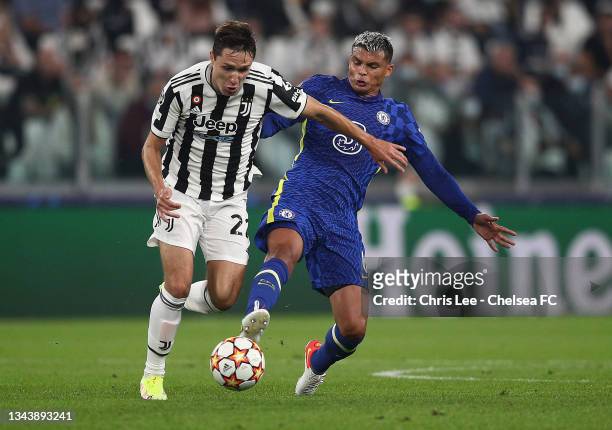 Federico Chiesa of Juventus is challenged by Thiago Silva of Chelsea during the UEFA Champions League group H match between Juventus and Chelsea FC...