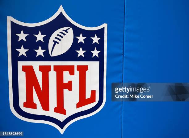 Detail view of the NFL logo on the Carolina Panthers' sideline before their football game against the New Orleans Saints at Bank of America Stadium...