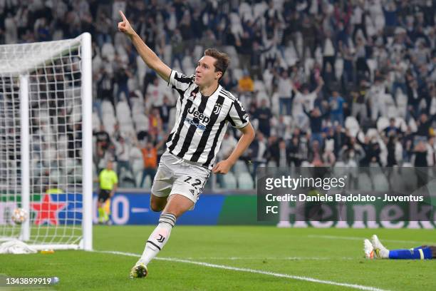 Federico Chiesa of Juventus celebrates after scoring his team's first goal during the UEFA Champions League group H match between Juventus and...