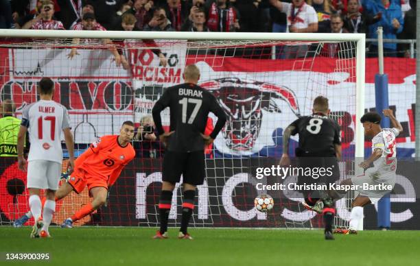 Karim Adeyemi of FC Red Bull Salzburg scores his sides second goal during the UEFA Champions League group G match between FC Red Bull Salzburg and...