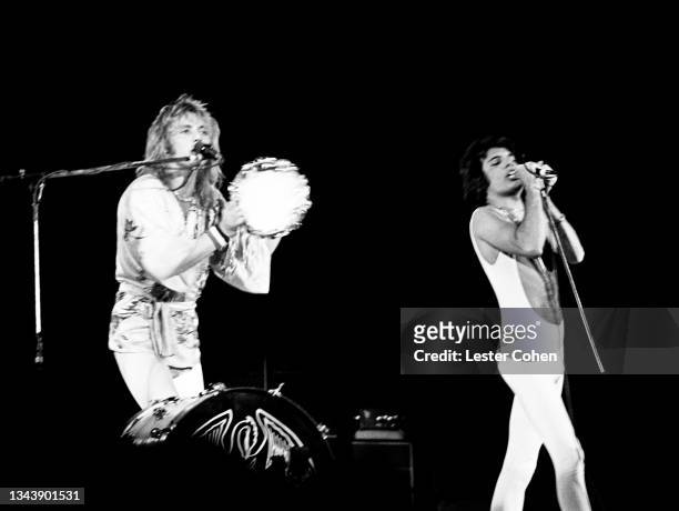 English musician, singer-songwriter and multi-instrumentalist Roger Taylor and British singer, songwriter, record producer, and lead vocalist Freddie...