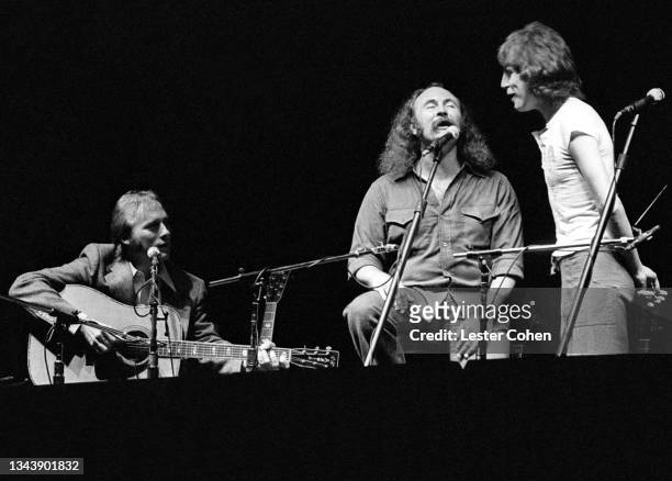 American singer, songwriter, and multi-instrumentalist Stephen Stills, American singer-songwriter and musician David Crosby and British-American...