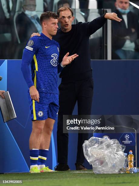 Thomas Tuchel, Manager of Chelsea gives instructions to Ross Barkley of Chelsea as he prepares to come on as a substitute during the UEFA Champions...