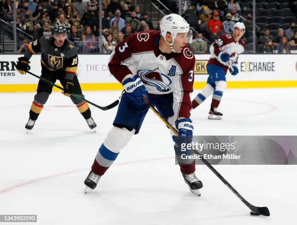 Jack Johnson of the Colorado Avalanche skates with the puck against the Vegas Golden Knights in the second period of their preseason game at T-Mobile...
