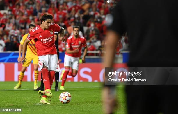 Darwin Nunez of SL Benfica scores his sides second goal from a penalty with Rafa during the UEFA Champions League group E match between SL Benfica...