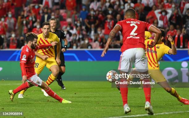 Rafa of Benfica scores his sides second goal during the UEFA Champions League group E match between SL Benfica and FC Barcelona at Estadio da Luz on...