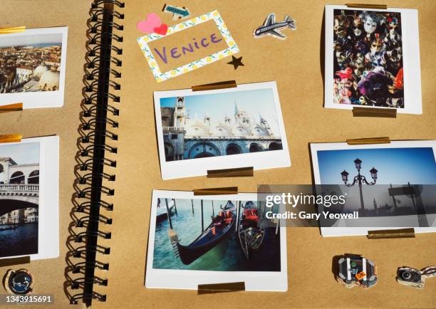 collection of instant film travel holiday photos in a scrapbook - photo album stock pictures, royalty-free photos & images