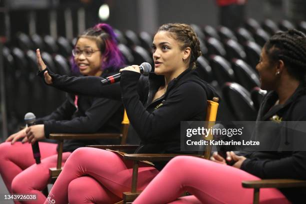 Morgan Hurd, Laurie Hernandez, and Lynzee Brown speak during a Q&A before the Gold Over America Tour at Staples Center on September 25, 2021 in Los...