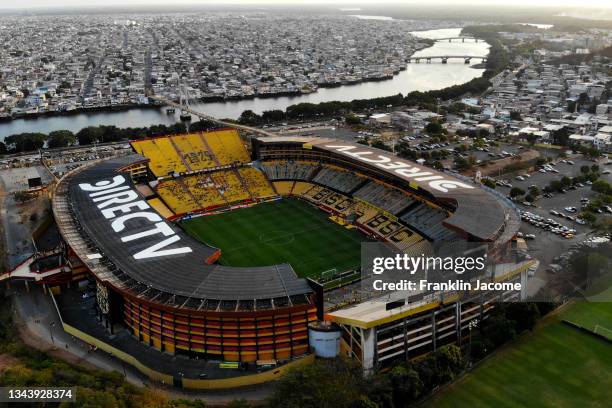 Aerial view of the stadium prior to a semifinal second leg match between Barcelona SC and Flamengo as part of Copa CONMEBOL Libertadores 2021 at...