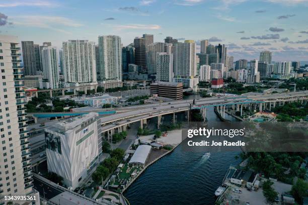 In an aerial view, the City of Miami skyline, where many renters reside in the apartment buildings on September 29, 2021 in Miami, Florida. According...