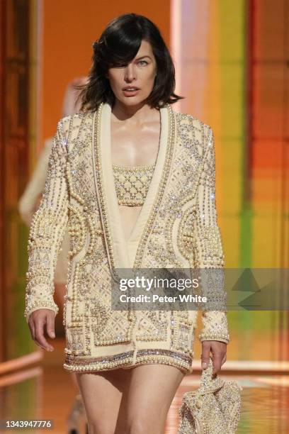 Mila Jovovich walks the runway during the Balmain Festival V02 Womenswear Spring/Summer 2022 show as part of Paris Fashion Week at La Seine Musicale...