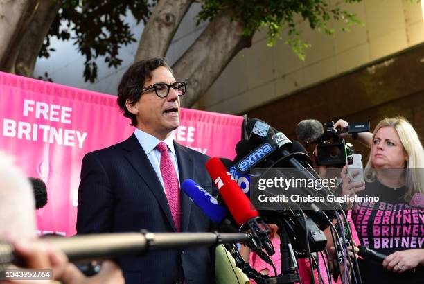 Britney Spears' attorney Mathew Rosengart speaks to the press and #FreeBritney activists after a hearing in which Spears' father, Jamie Spears, was...