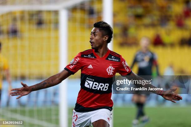 Bruno Henrique of Flamengo celebrates after scoring the second goal of his team during a semifinal second leg match between Barcelona SC and Flamengo...