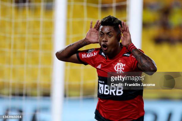 Bruno Henrique of Flamengo celebrates after scoring the second goal of his team during a semifinal second leg match between Barcelona SC and Flamengo...