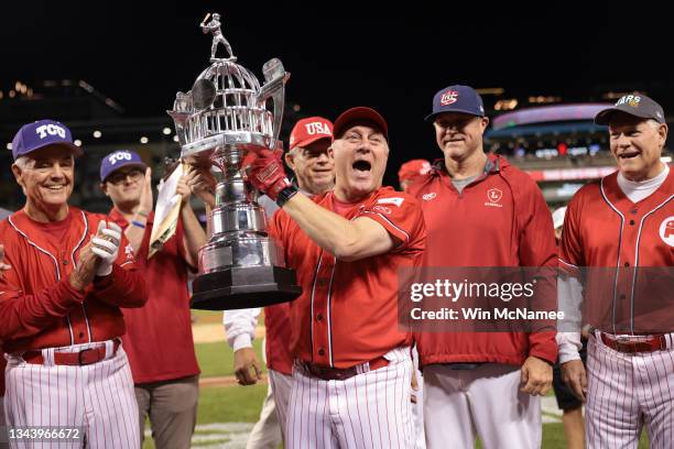 Rep. Steve Scalise celebrates with teammates following the Congressional baseball game at Nationals Park September 29, 2021 in Washington, DC. The...