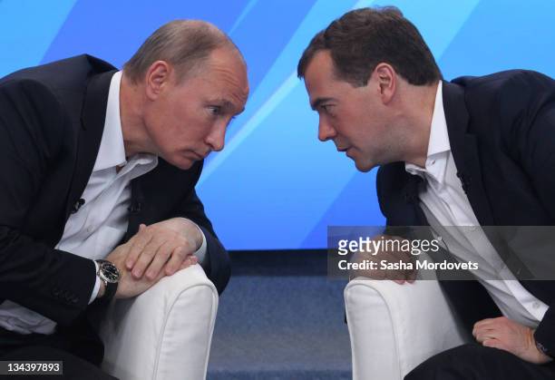 Russian Prime Minister Vladimir Putin and President Dmitry Medvedev meet their supporters on December 1, 2011 in Moscow, Russia. The meeting is the...