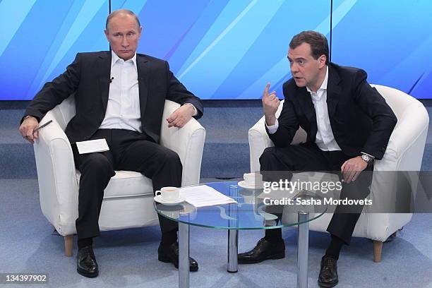 President Dmitry Medvedev and Russian Prime Minister Vladimir Putin meet their supporters on December 1, 2011 in Moscow, Russia. The meeting is the...