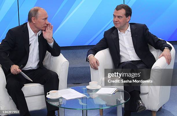 Russian Prime Minister Vladimir Putin and President Dmitry Medvedev meet their supporters on December 1, 2011 in Moscow, Russia. The meeting is the...